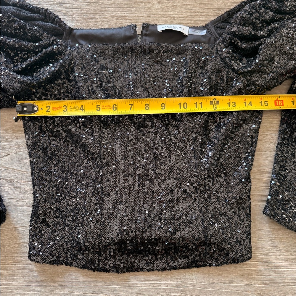 Ramy Brook Sky Top Black Sequin Puff-Sleeve Square-Neck blouse Size 6 - Picture 6 of 9